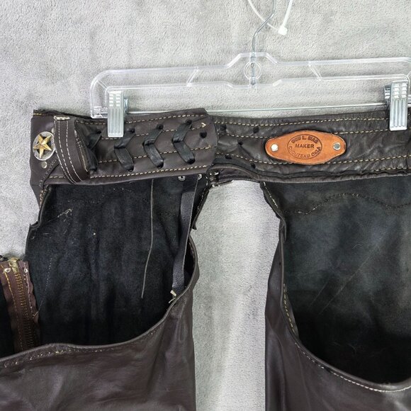 Mens Vintage Brown Leather Chaps With Silver Coin Accents & Zippered Legs Size L - Picture 6 of 13